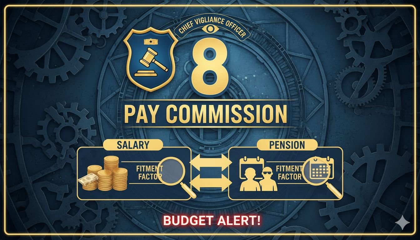केंद्रीय सतर्कता आयोग के नए सतर्कता आयुक्त प्रवीण वशिष्ठ की नियुक्ति और 8th Pay Commission की चर्चा वाली ग्राफिक इमेज