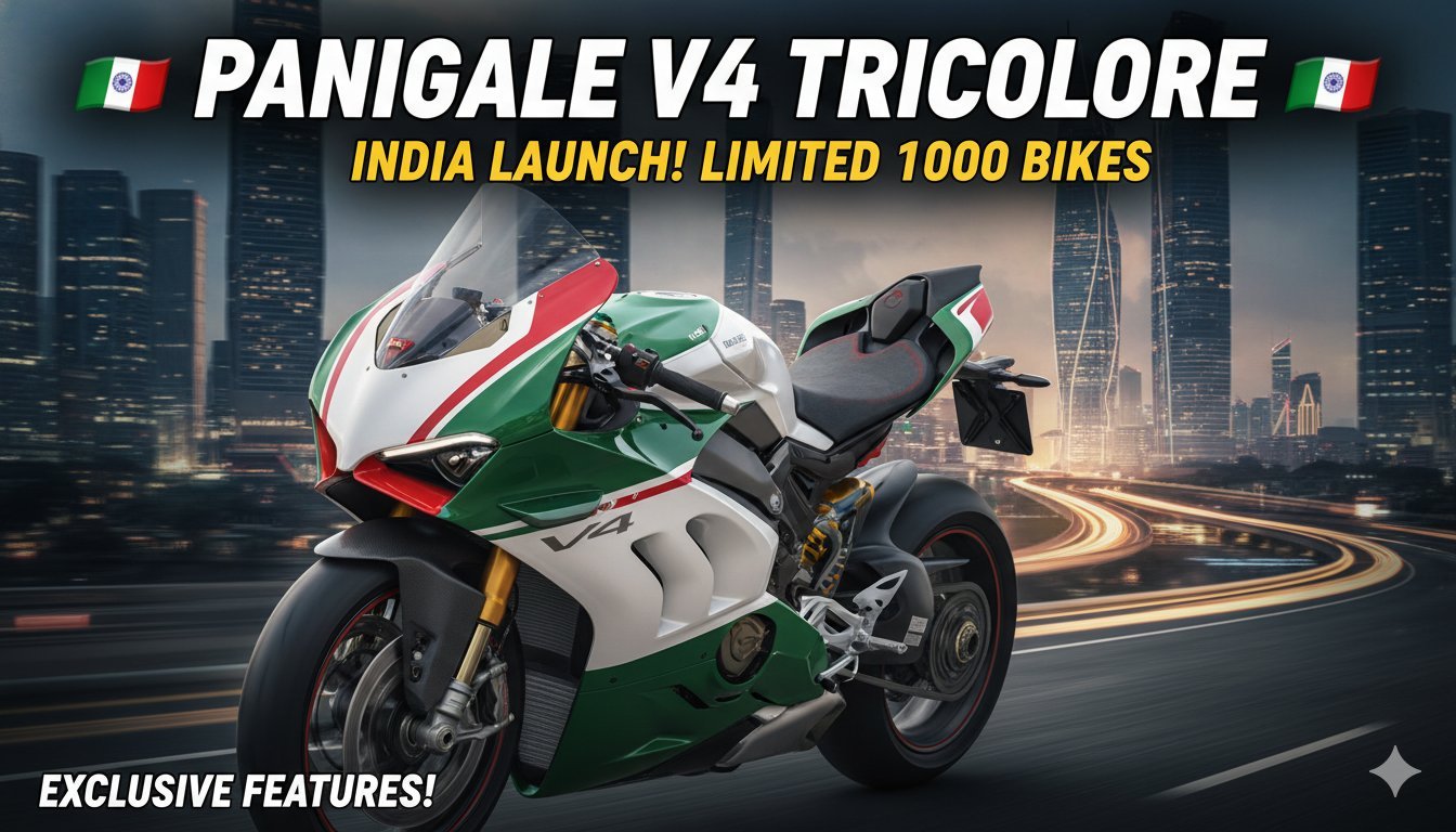 Ducati Panigale V4 Tricolore superbike in red, white, and green Tricolore livery with carbon fiber accents