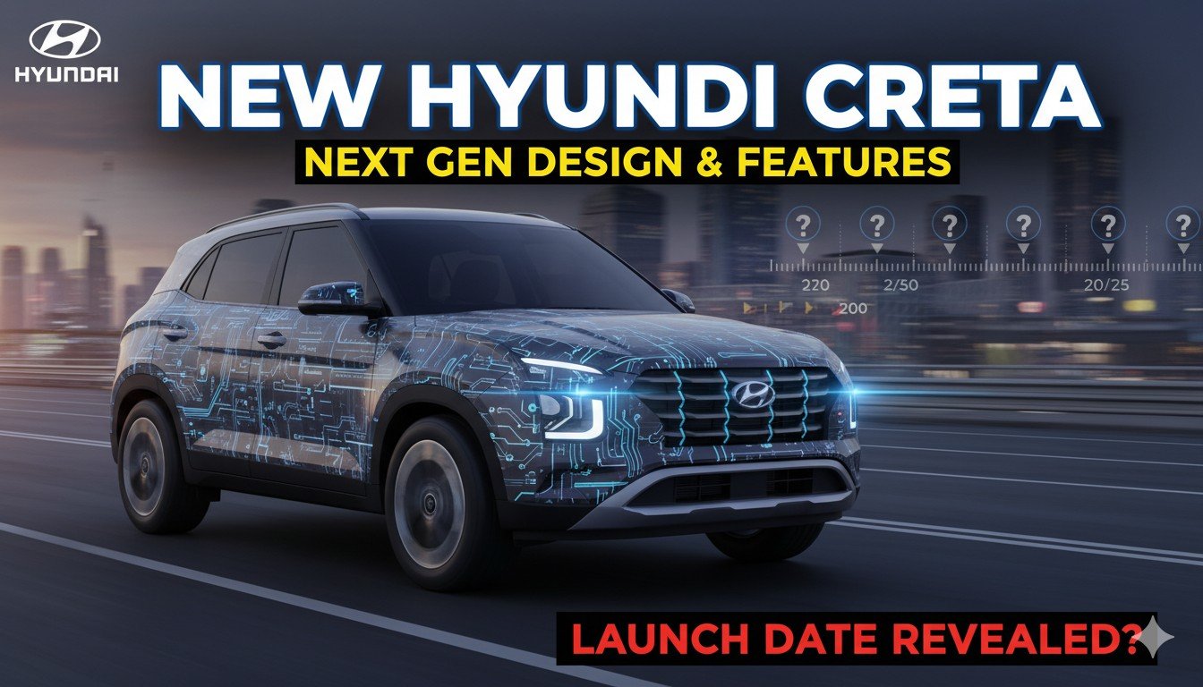 Hyundai Creta की नई जनरेशन का रेंडर इमेज, जिसमें फ्यूचरिस्टिक डिजाइन और LED लाइट्स दिखाई दे रही हैं।