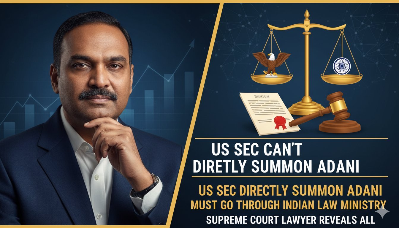 गौतम अदाणी की तस्वीर के साथ अमेरिकी SEC का लोगो और समन दस्तावेज