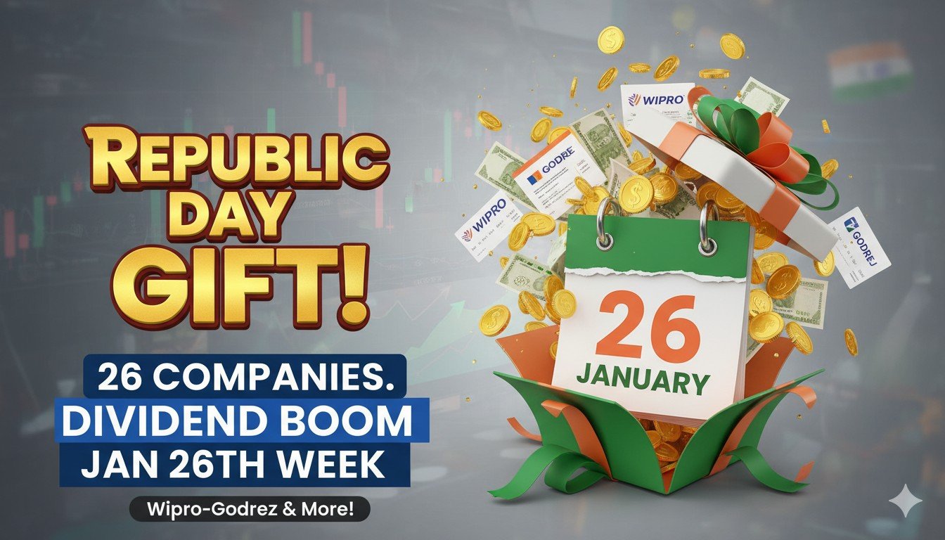 गणतंत्र दिवस पर डिविडेंड देने वाली कंपनियों की लिस्ट दिखाती स्टॉक मार्केट ग्राफ और भारतीय झंडा।
