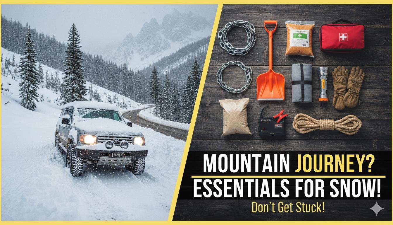 बर्फ से ढकी पहाड़ी सड़क पर फंसी कार, पर्यटक मदद का इंतजार करते हुए