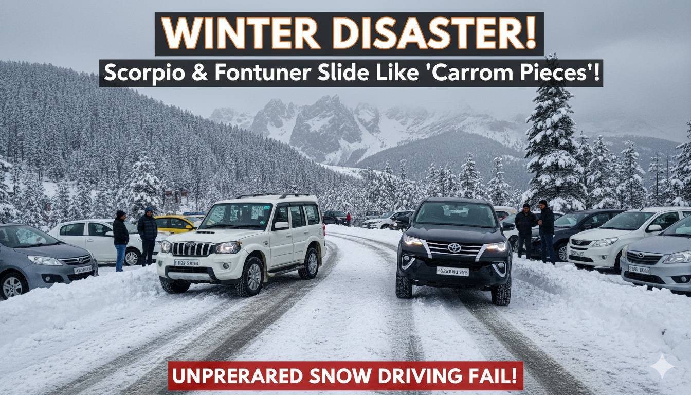बर्फीली सड़क पर फिसलती Mahindra Scorpio और Toyota Fortuner SUVs की वायरल तस्वीर