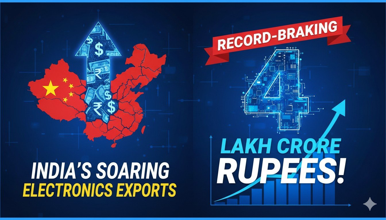 भारत का इलेक्ट्रॉनिक्स निर्यात ग्राफ दिखाता चार्ट, 4 लाख करोड़ का आंकड़ा हाइलाइट