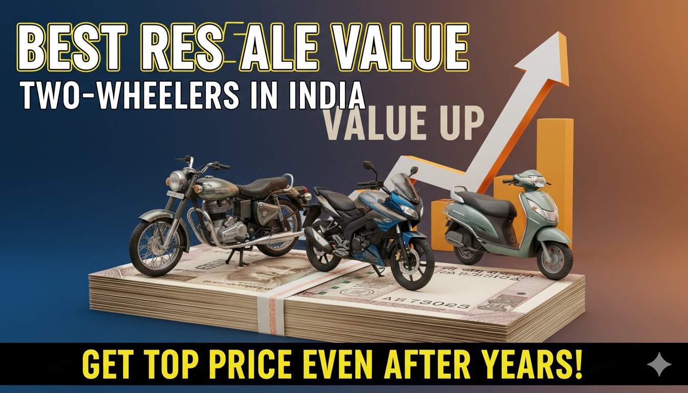 भारत में हाई रीसैल वैल्यू वाली टू-व्हीलर्स की इमेज, जिसमें Royal Enfield Classic 350 और Honda Activa दिखाई दे रही हैं