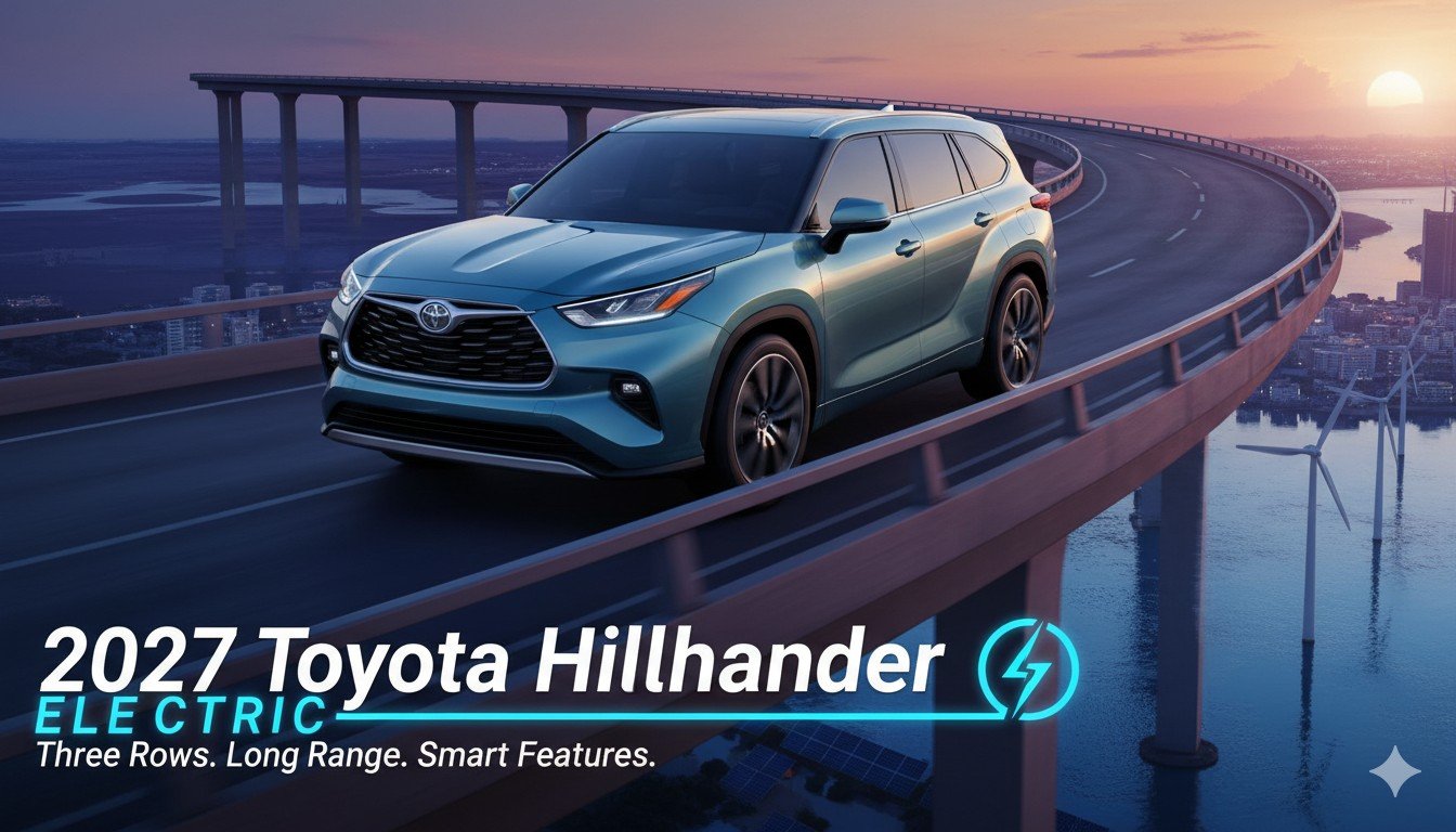 2027 Toyota Highlander इलेक्ट्रिक तीन-पंक्ति SUV फ्रंट व्यू, स्लीक डिजाइन और ग्रिललेस फेस के साथ