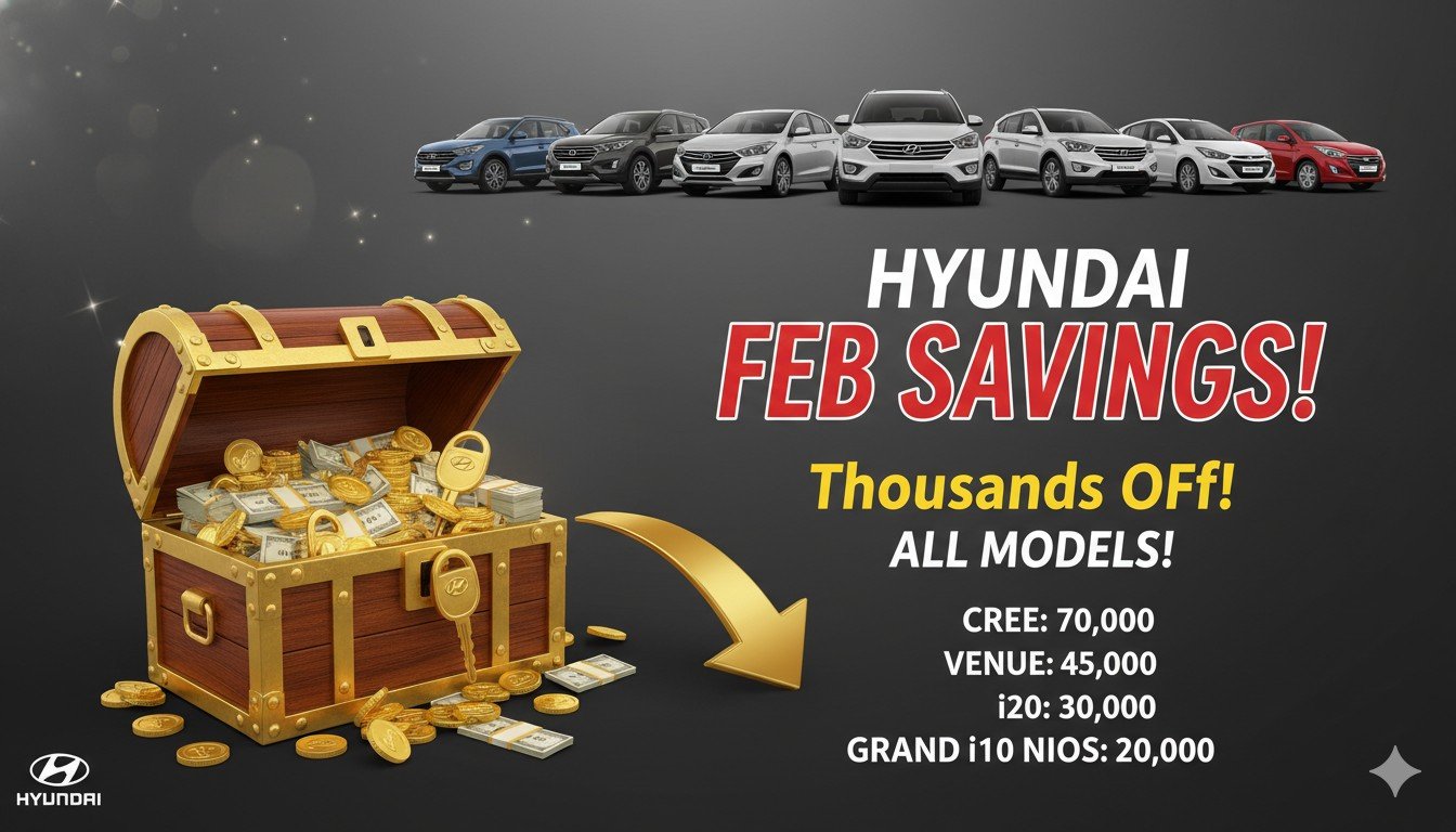 Hyundai cars lined up in showroom with discount banners