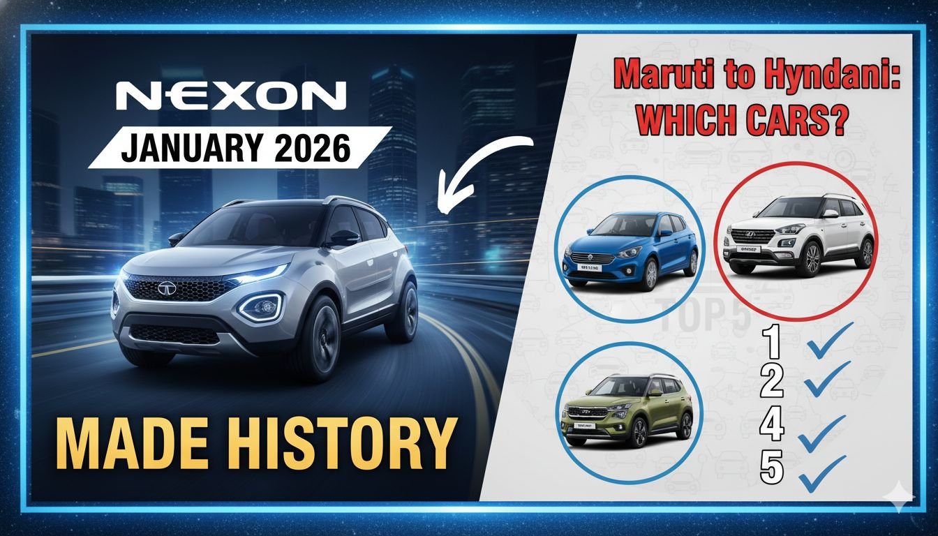 जनवरी 2026 में टॉप सेलिंग कार Tata Nexon की इमेज, जिसमें कार का फ्रंट व्यू और सेल्स ग्राफ दिख रहा है