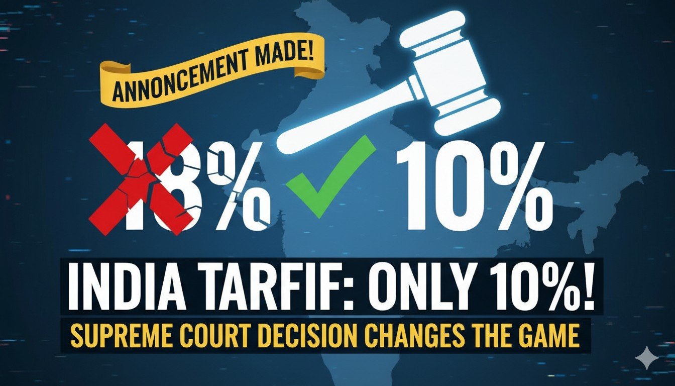 अमेरिकी सुप्रीम कोर्ट भवन और भारतीय-अमेरिकी व्यापार का ग्राफिक प्रतिनिधित्व, टैरिफ में कमी दिखाते हुए