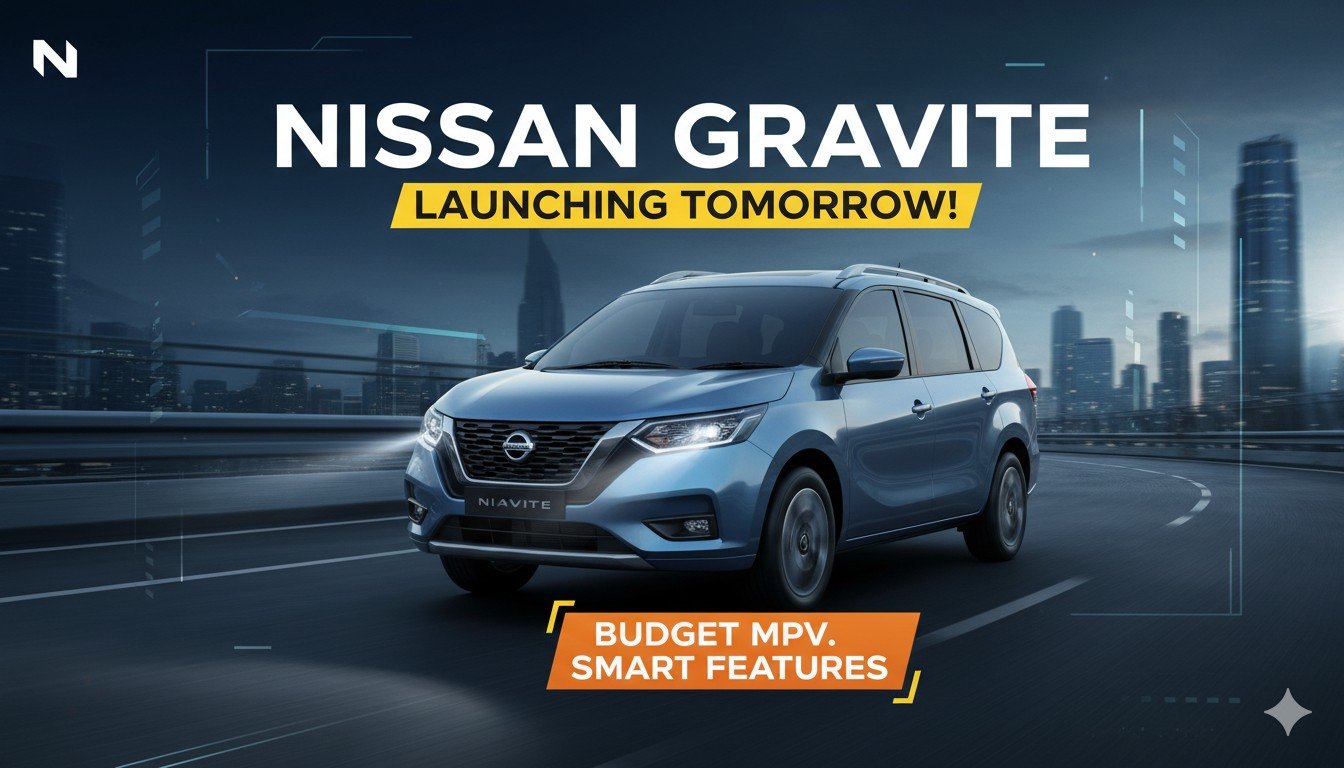 निसान ग्रेविटे 7-सीटर एमपीवी का फ्रंट व्यू, V-Motion ग्रिल और LED हेडलैंप्स के साथ