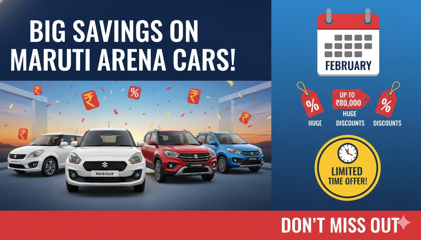 Maruti Suzuki Arena cars with February 2026 discount offers displayed on popular models like Swift, Alto K10 and Brezza