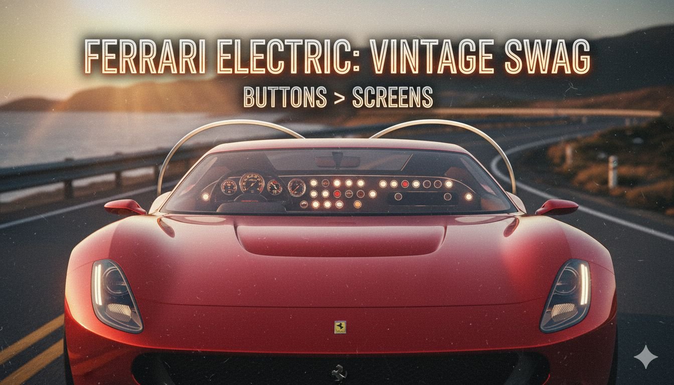 फ़ेरारी लूचे की इंटीरियर दिखाती हुई इमेज जिसमें फिजिकल बटन, डायल और क्लासिक स्टेयरिंग व्हील दिख रहा है