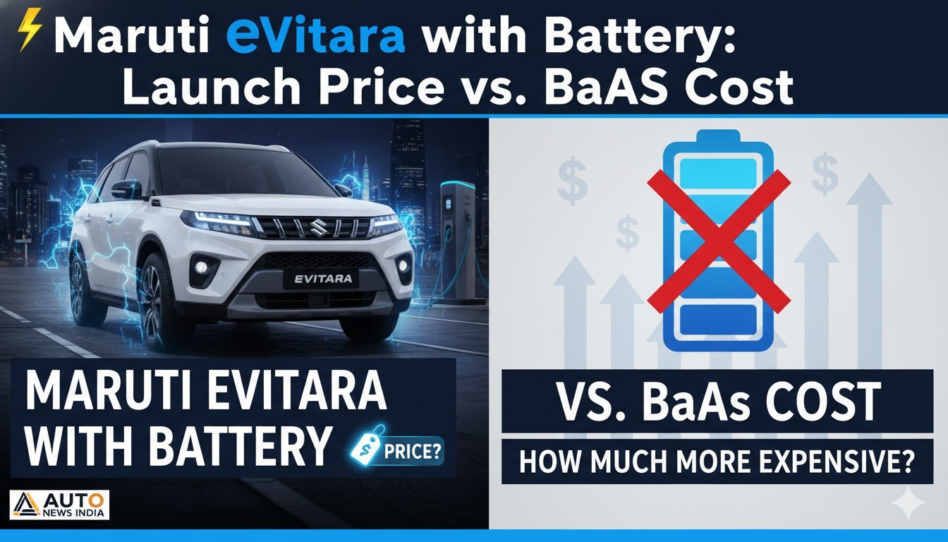मारुति eVitara इलेक्ट्रिक एसयूवी की फ्रंट व्यू, BaaS मॉडल के साथ लॉन्च प्राइस दिखाते हुए