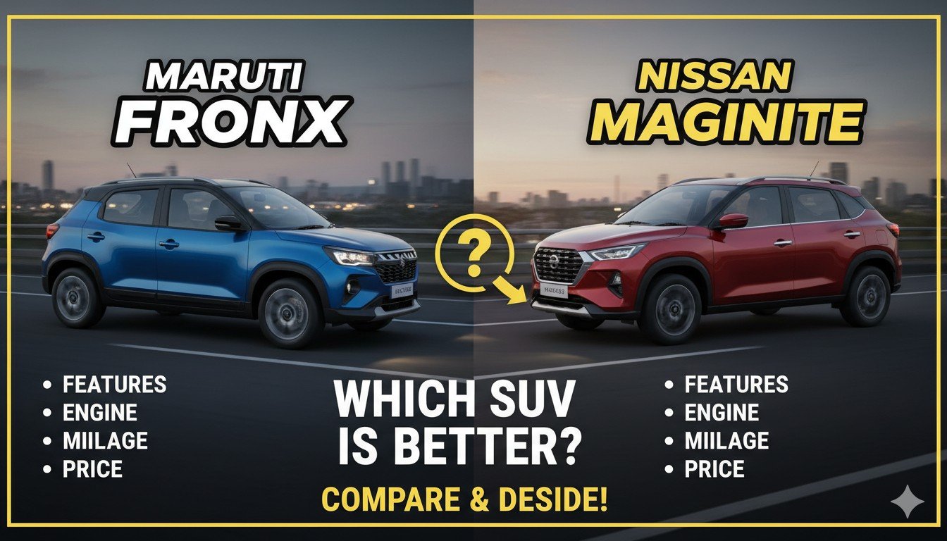 मारुति फ्रॉन्क्स और निसान मैग्नाइट एसयूवी की साइड-बाय-साइड तुलना, फीचर्स और कीमत दिखाते हुए