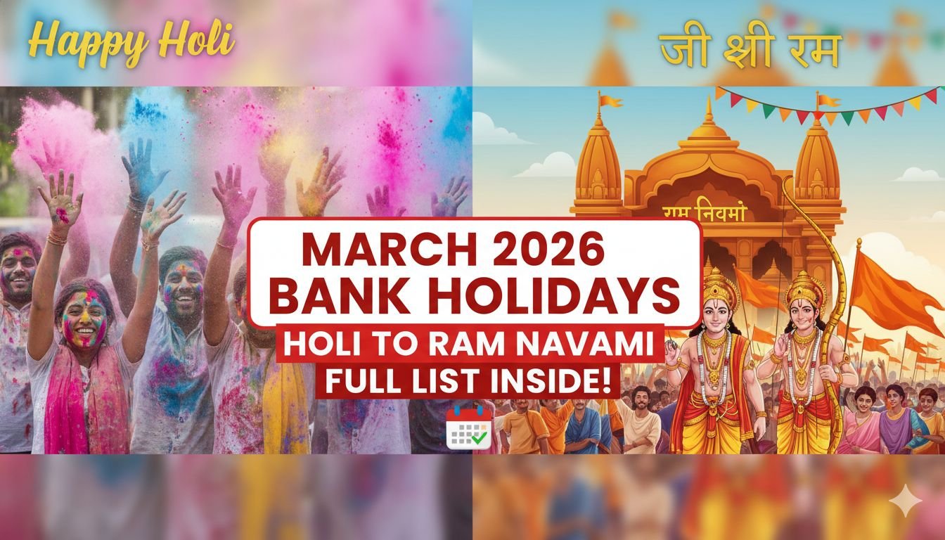 मार्च 2026 बैंक छुट्टियों की कैलेंडर लिस्ट दिखाती इमेज, Holi और Ram Navami त्योहार हाइलाइटेड