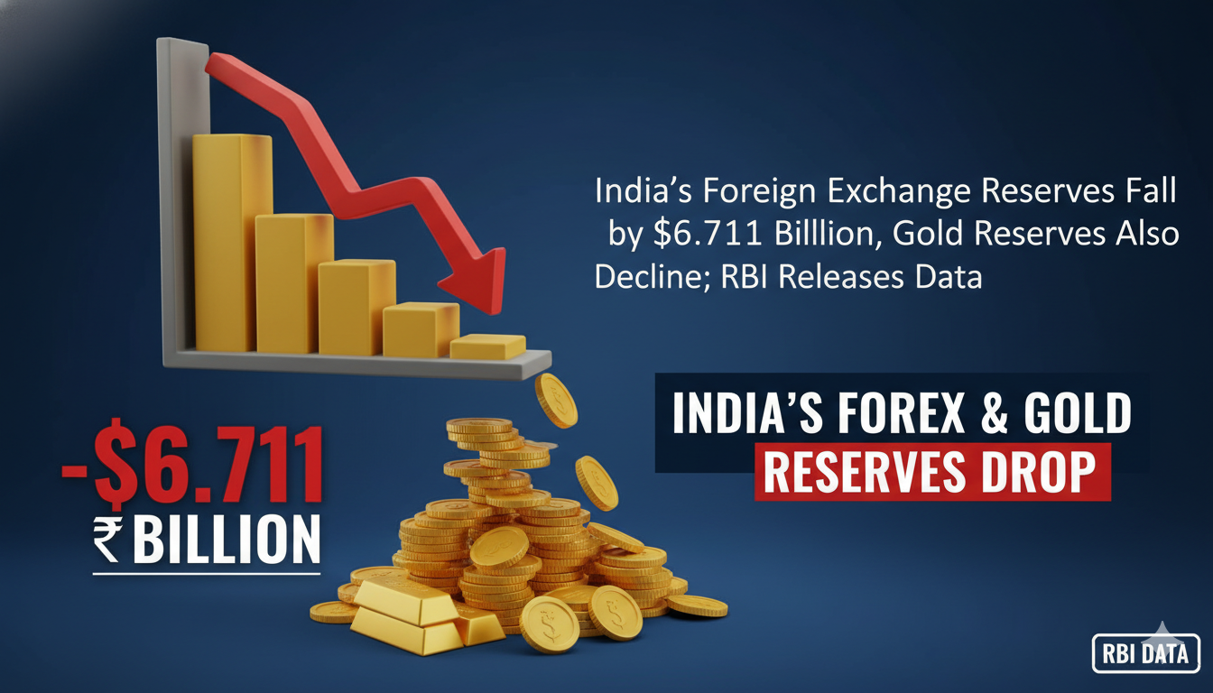 भारत का विदेशी मुद्रा भंडार गिरावट दिखाता ग्राफ, RBI लोगो के साथ गोल्ड बार और डॉलर प्रतीक