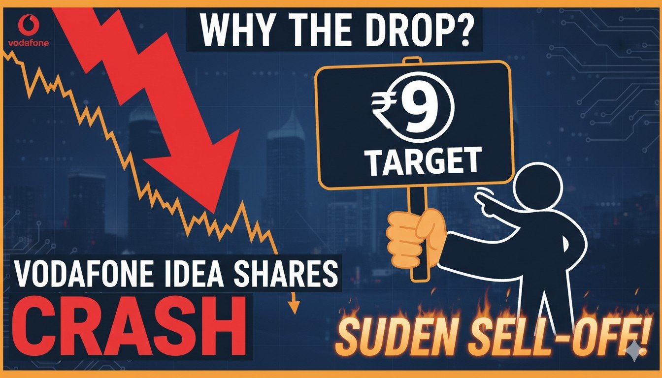 वोडाफोन आइडिया शेयर प्राइस गिरावट ग्राफ दिखाता हुआ, स्टॉक मार्केट चार्ट के साथ