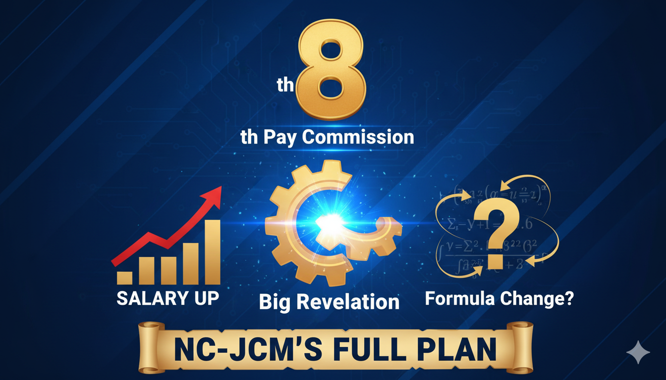 8th Pay Commission फिटमेंट फैक्टर और NC-JCM की मांगों का ग्राफिक इलस्ट्रेशन, कर्मचारी वेतन बढ़ोतरी दिखाता हुआ
