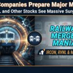 IRCON और RVNL लोगो के साथ मर्जर का ग्राफिक, रेलवे ट्रेन और स्टॉक मार्केट चार्ट बैकग्राउंड में