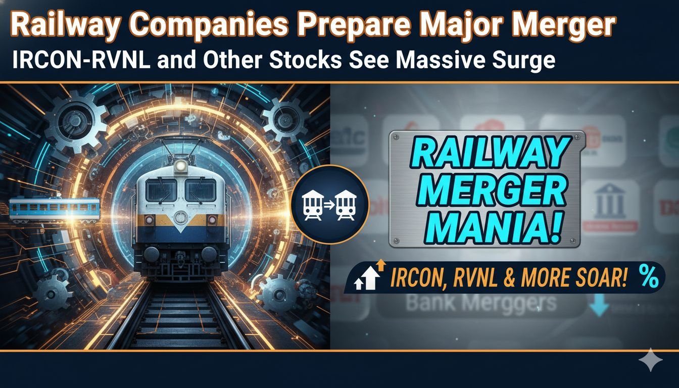 IRCON और RVNL लोगो के साथ मर्जर का ग्राफिक, रेलवे ट्रेन और स्टॉक मार्केट चार्ट बैकग्राउंड में