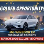 MG Windsor EV कार पर मार्च 2026 में मिलने वाले ₹70,000 तक के डिस्काउंट ऑफर्स दिखाते हुए इमेज