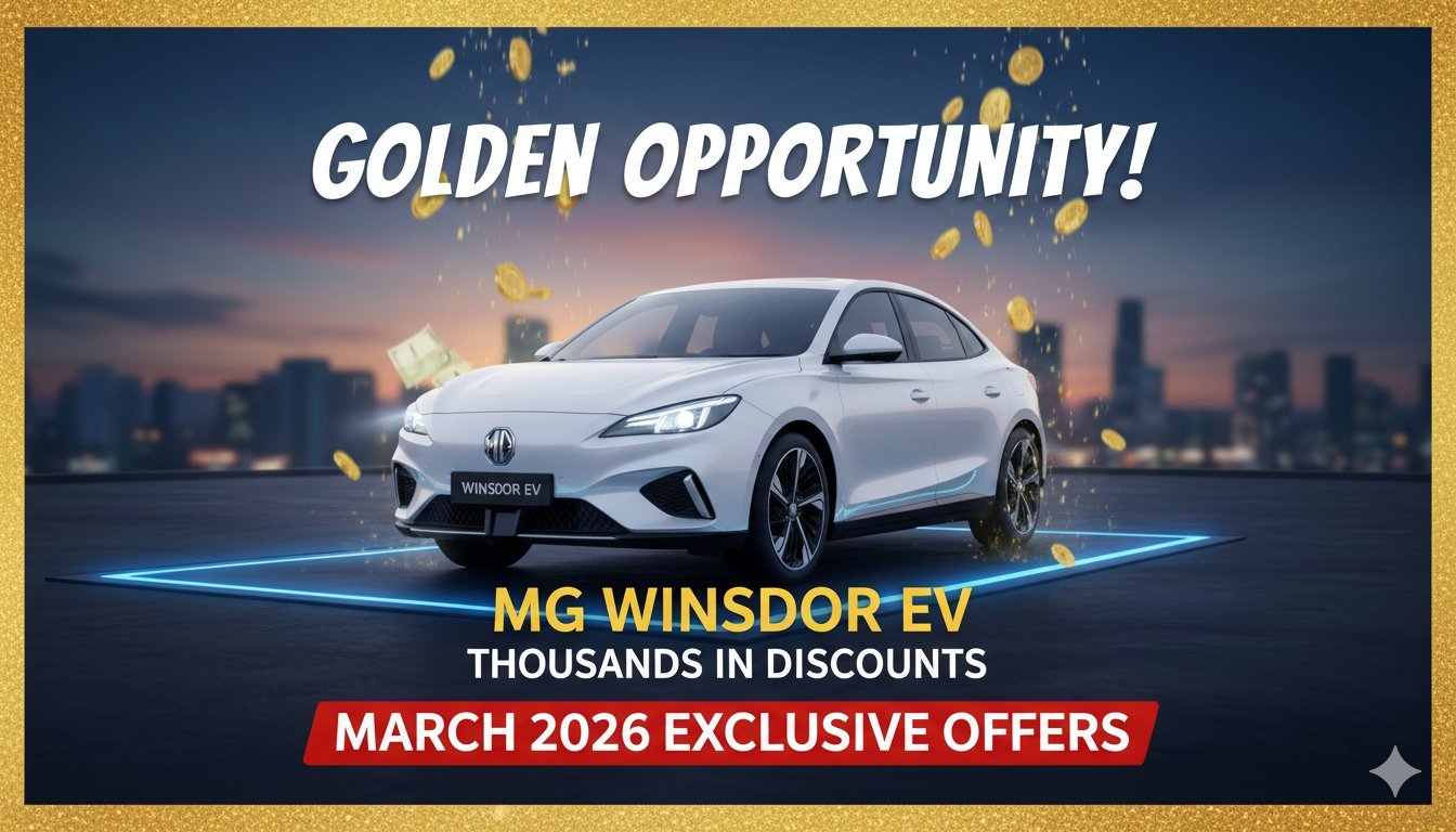 MG Windsor EV कार पर मार्च 2026 में मिलने वाले ₹70,000 तक के डिस्काउंट ऑफर्स दिखाते हुए इमेज