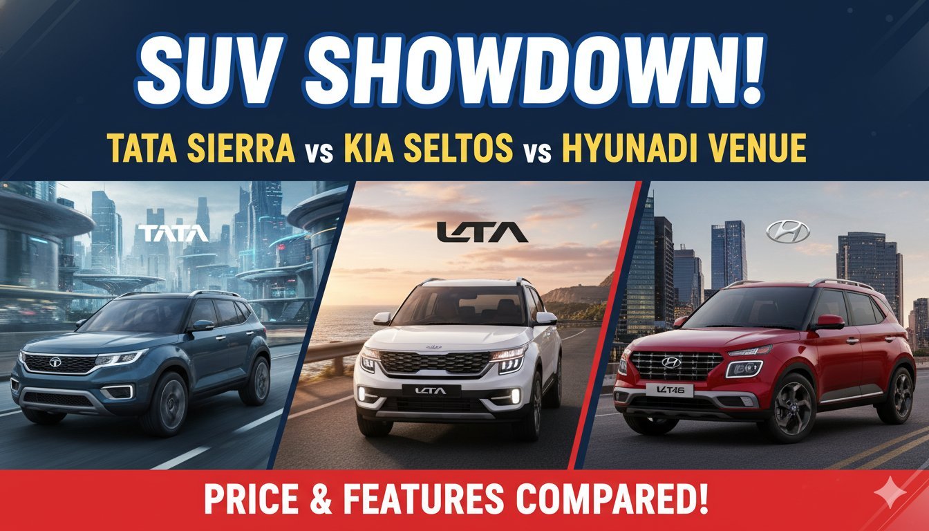 Alt Text for featured image : Tata Sierra, Kia Seltos और Hyundai Venue SUVs की साइड बाय साइड तुलना इमेज