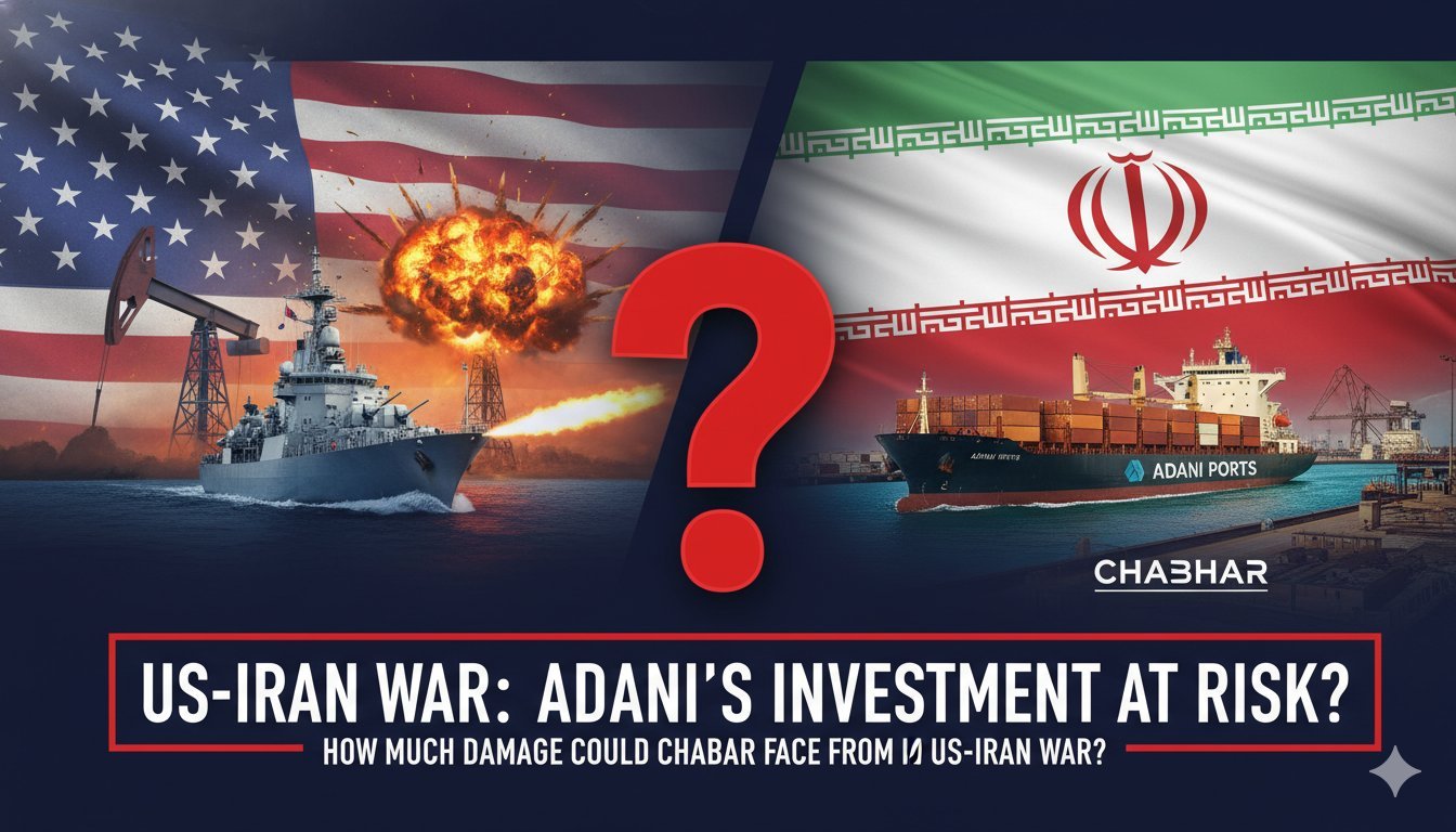 अमेरिका-ईरान युद्ध के बीच चाबहार पोर्ट पर भारत के निवेश का ग्राफिक, जिसमें युद्ध की आग और पोर्ट की इमेज दिखाई गई है