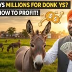 भारत सरकार की गधा पालन सब्सिडी योजना के तहत किसान गधों के साथ फार्म में खड़े, 50 लाख रुपये की मदद का बोर्ड दिखाते हुए