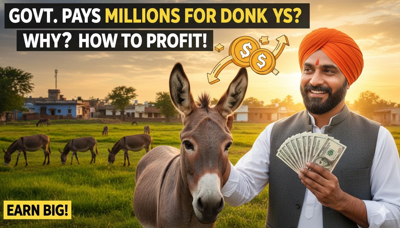 भारत सरकार की गधा पालन सब्सिडी योजना के तहत किसान गधों के साथ फार्म में खड़े, 50 लाख रुपये की मदद का बोर्ड दिखाते हुए