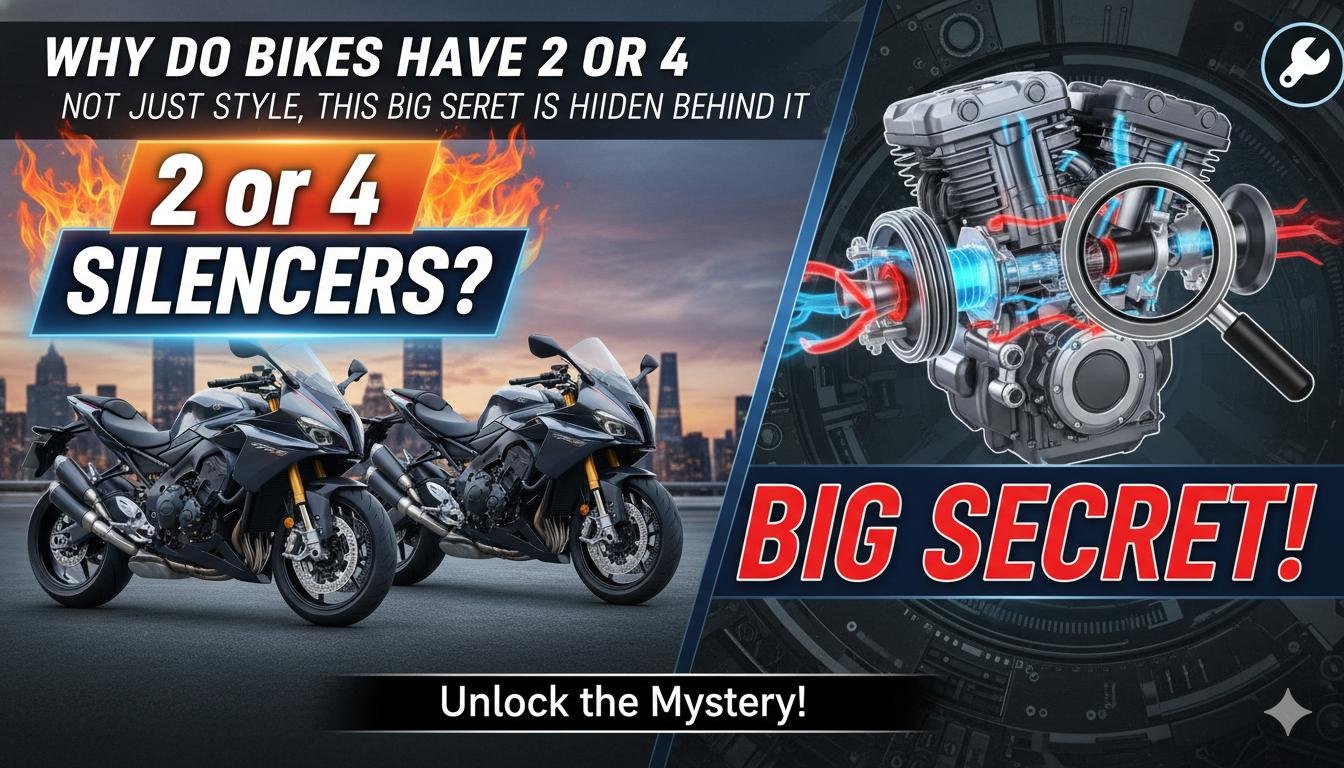 बाइक के रियर में लगे डुअल और क्वाड साइलेंसर का क्लोजअप, परफॉर्मेंस और डिजाइन दिखाता हुआ