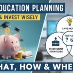 बच्चे की शिक्षा के लिए निवेश प्लानिंग दिखाती इमेज, जिसमें कैलकुलेटर, सिक्के, ग्रोथ चार्ट और किताबें शामिल हैं