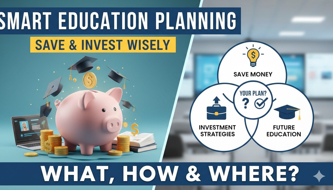 बच्चे की शिक्षा के लिए निवेश प्लानिंग दिखाती इमेज, जिसमें कैलकुलेटर, सिक्के, ग्रोथ चार्ट और किताबें शामिल हैं